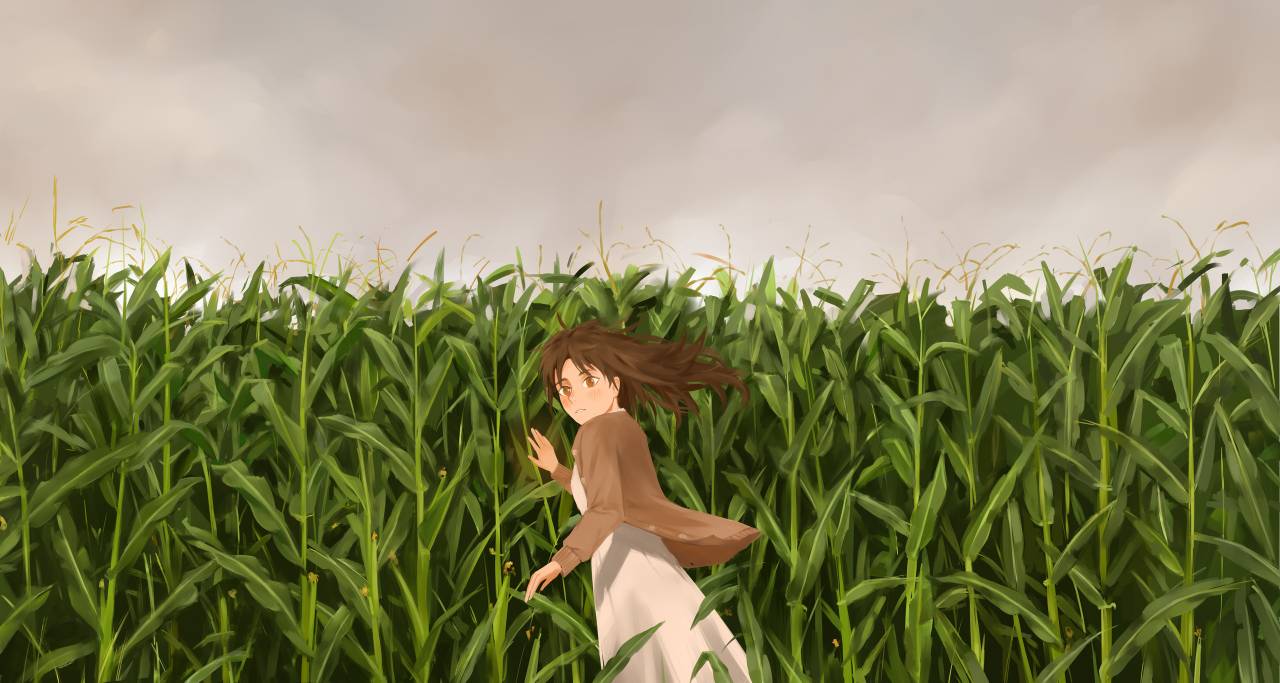 1girl blush_stickers brown_cardigan brown_eyes brown_hair buttons cardigan cardigan_lift closed_mouth clouds cloudy_sky commentary corn_field dress english_commentary from_side frown hair_lift kuwagatata long_dress long_sleeves looking_at_viewer open_cardigan open_clothes original outdoors outstretched_hand sky solo white_dress