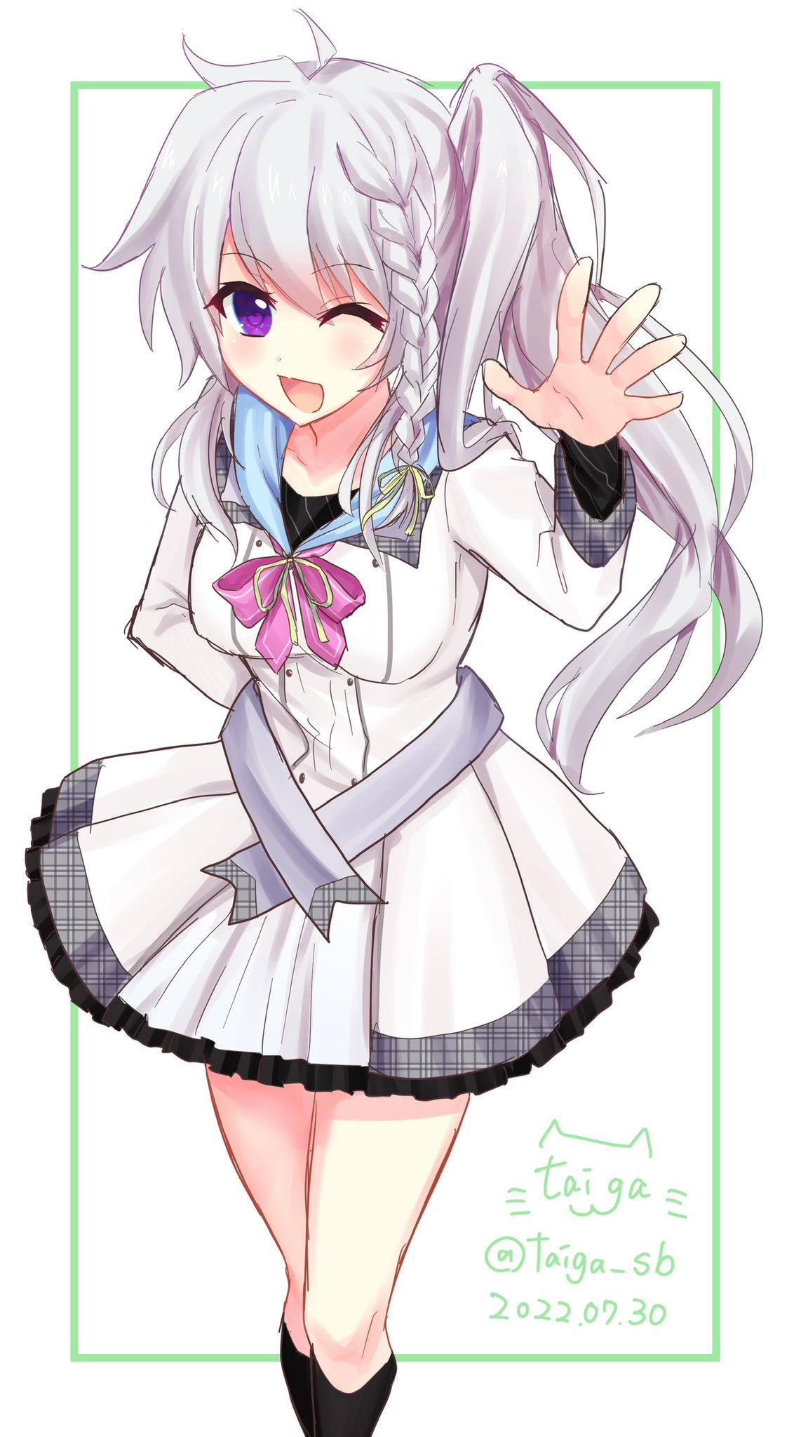 1girl 2022 9-nine- ;d ahoge black_socks blush braid breasts commentary dated dress eyelashes eyes_visible_through_hair feet_out_of_frame frilled_dress frills green_ribbon grey_hair hair_between_eyes hair_ribbon hand_on_own_hip hand_up happy happy_birthday highres kneehighs long_hair long_sleeves looking_at_viewer medium_breasts niimi_sora one_eye_closed open_hand open_mouth pink_ribbon ribbon school_uniform short_dress side_ponytail signature simple_background single_braid smile socks solo standing taiga_sb twitter_username violet_eyes waving wavy_hair white_background white_dress