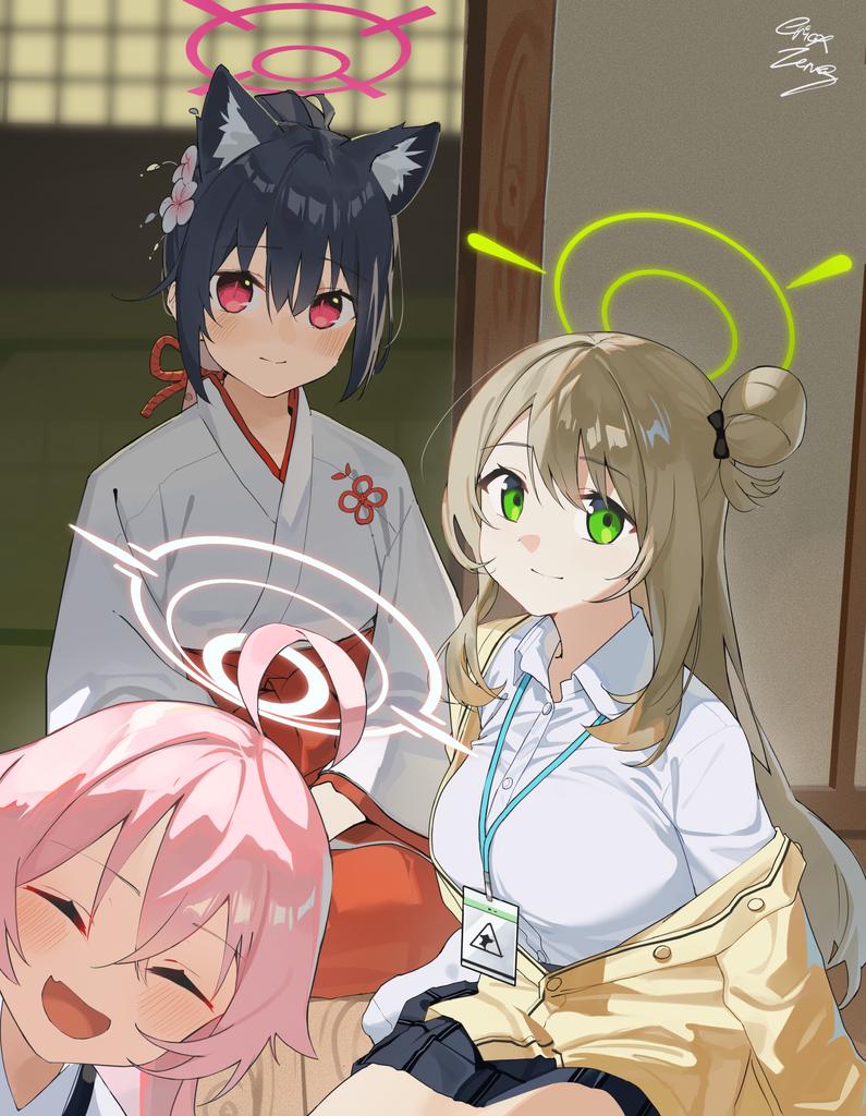 3girls ^_^ ahoge animal_ear_fluff animal_ears architecture black_skirt blue_archive bow breasts brown_hair cat_ears cherry_blossoms closed_eyes collared_shirt crossed_bangs east_asian_architecture english_commentary fang flower green_eyes green_halo hair_between_eyes hair_bow hair_flaps hair_flower hair_ornament hair_tubes hakama halo hoshino_(blue_archive) huge_ahoge id_card jacket japanese_clothes kimono large_breasts light_blush long_hair long_sleeves looking_at_viewer mads_ez miko multiple_girls nonomi_(blue_archive) official_alternate_costume official_alternate_hairstyle open_mouth parted_bangs partially_unbuttoned peeking_out pink_halo plaid plaid_skirt ponytail red_bow red_eyes red_hakama red_ribbon ribbon rope seiza serika_(blue_archive) serika_(new_year)_(blue_archive) shimenawa shirt shouji signature single_hair_ring single_hair_tube sitting skin_fang skirt sliding_doors smile white_kimono white_shirt wooden_floor yellow_jacket
