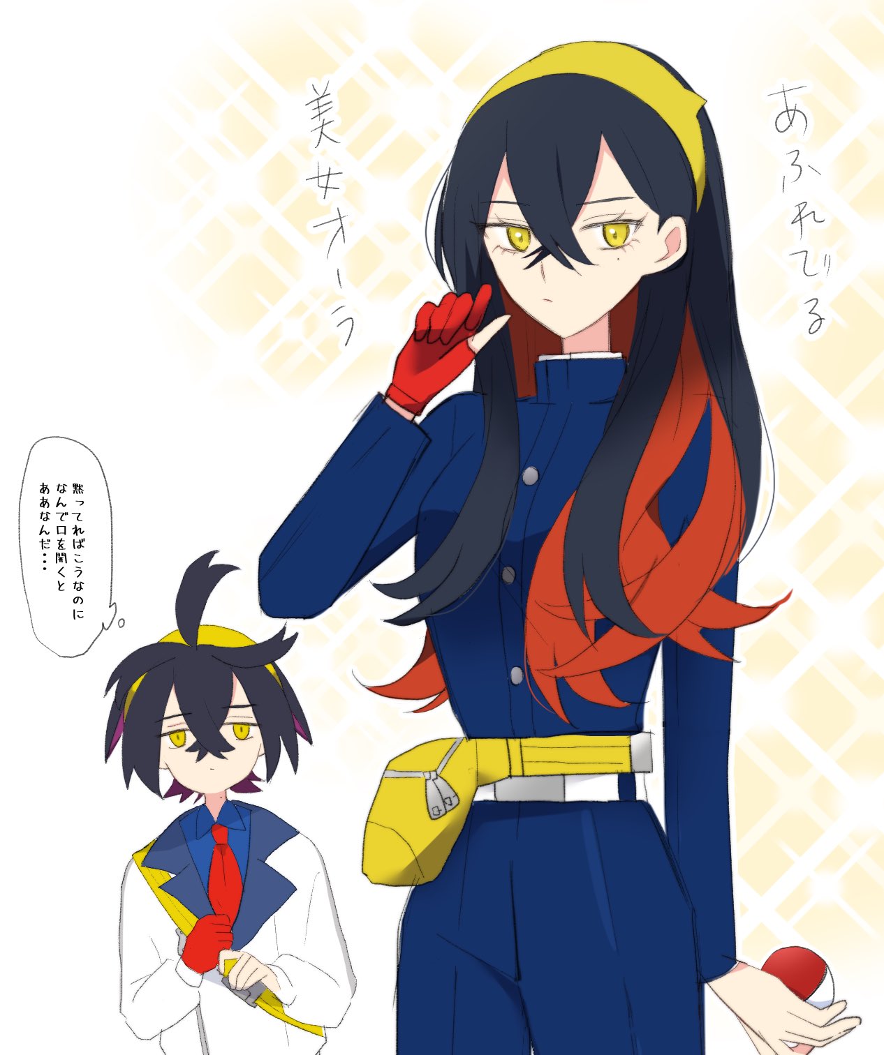 1boy 1girl belt belt_buckle black_hair blue_jacket blue_pants blue_shirt brother_and_sister buckle buttons carmine_(pokemon) closed_mouth collared_shirt commentary_request crossed_bangs fanny_pack gloves hair_between_eyes hairband hand_up highres holding holding_poke_ball jacket kieran_(pokemon) long_hair long_sleeves necktie ohn_pkmn pants partially_fingerless_gloves poke_ball poke_ball_(basic) pokemon pokemon_(game) pokemon_sv red_gloves red_necktie shirt siblings single_glove thought_bubble translation_request white_background white_belt white_jacket yellow_bag yellow_hairband