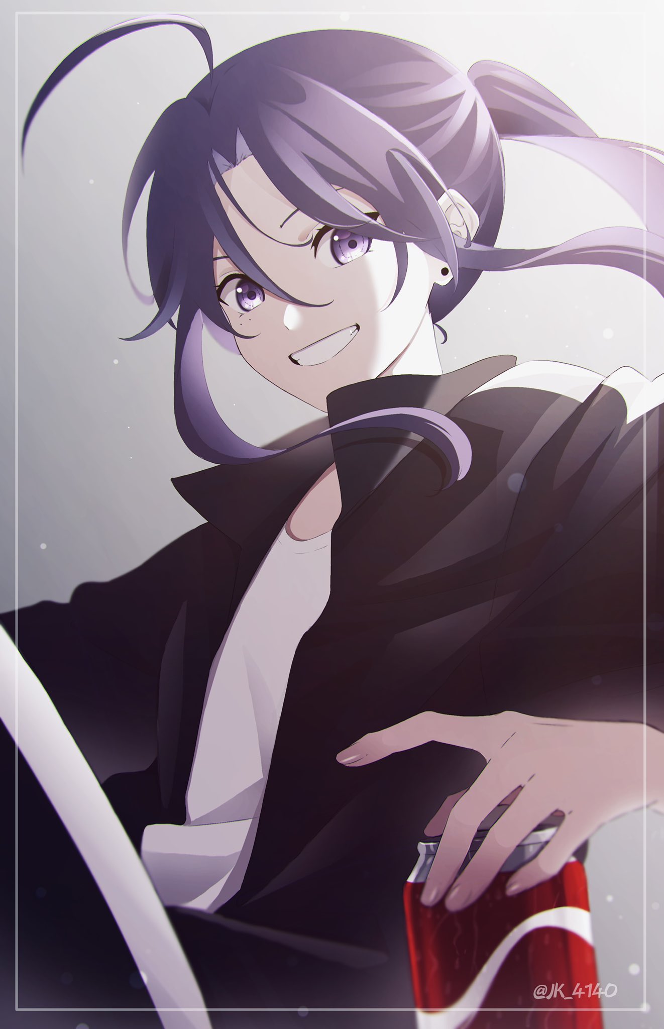 1girl black_jacket can earrings highres holding holding_can jacket jewelry jk_4140 long_hair original purple_hair shirt smile soda_can solo teeth violet_eyes white_shirt