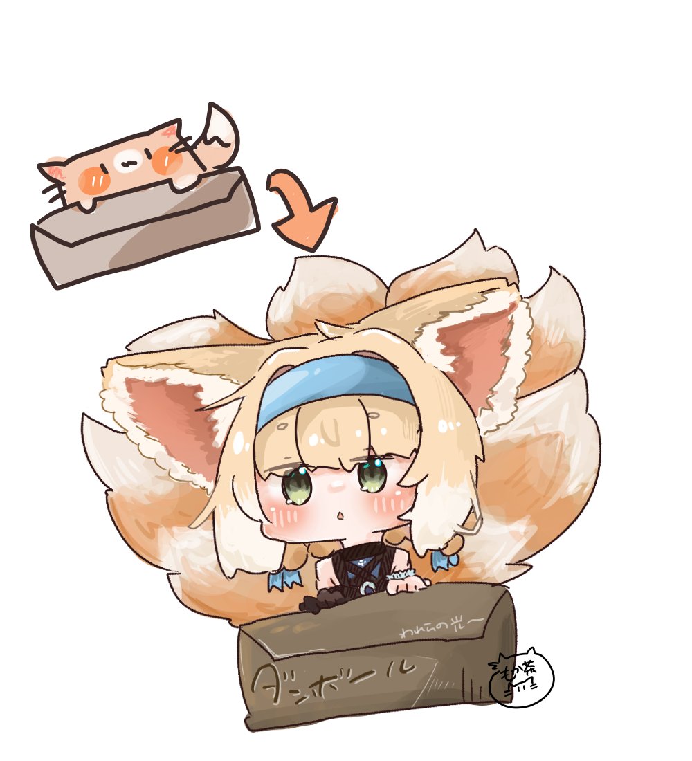 1girl animal_ears arknights black_gloves blonde_hair blue_hairband blush box cardboard_box chibi commentary_request fox_ears fox_girl fox_tail gloves green_eyes hairband in_box in_container kitsune kyuubi mokoo_rokoo multiple_tails parted_lips signature simple_background single_glove solo suzuran_(arknights) tail translated white_background