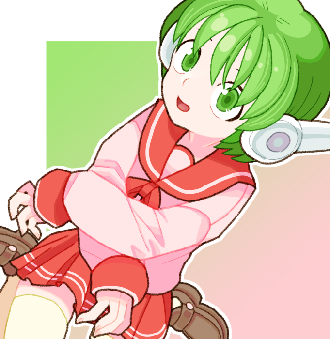 1girl :d brown_footwear double_horizontal_stripe green_eyes green_hair hair_between_eyes long_sleeves miniskirt multi_(to_heart) open_mouth outline pink_shirt pleated_skirt red_sailor_collar red_skirt sailor_collar shirt shoes short_hair sicky_(pit-bull) skirt smile solo thigh-highs to_heart to_heart_(series) white_outline yellow_thighhighs zettai_ryouiki