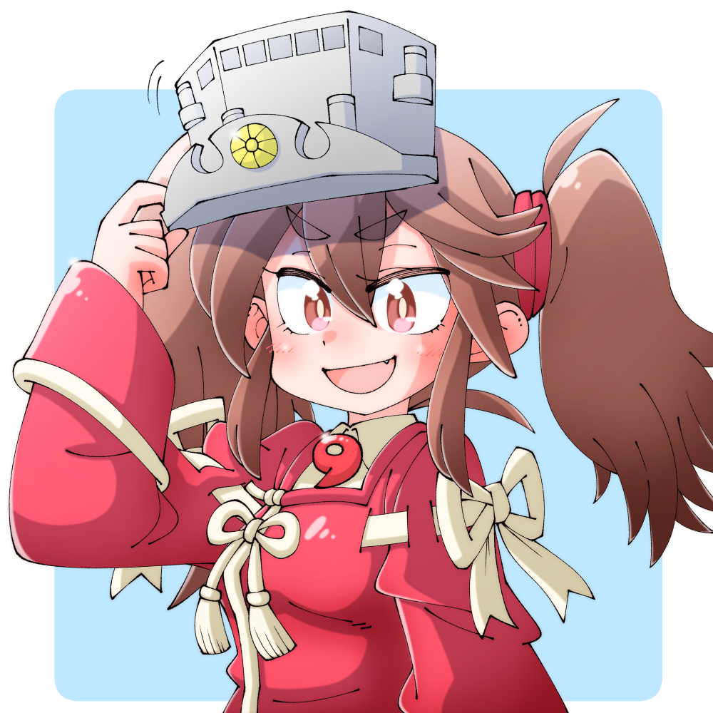 1girl blush brown_eyes brown_hair fang hair_between_eyes hat holding holding_clothes holding_hat japanese_clothes kantai_collection kariginu long_hair long_sleeves magatama open_mouth ryuujou_(kancolle) shin_(shin_k009) simple_background solo tassel twintails two-tone_background upper_body visor_cap wide_sleeves