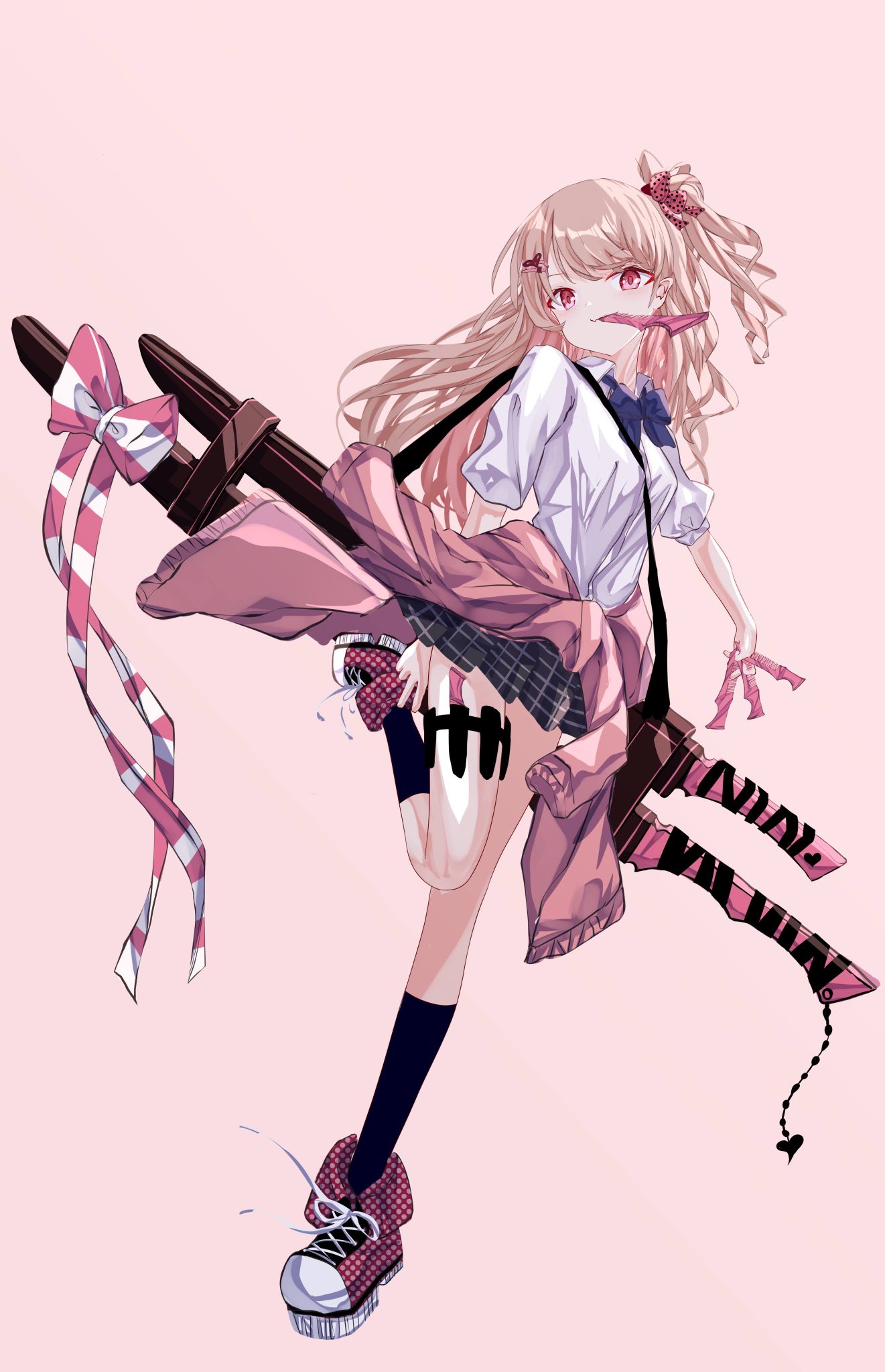 1girl black_socks blonde_hair blue_bow blue_bowtie bow bowtie clothes_around_waist comb hair_ornament highres one_side_up original pink_eyes sheath shirt simple_background socks standing standing_on_one_leg sweater sweater_around_waist tatsunami1379 white_shirt