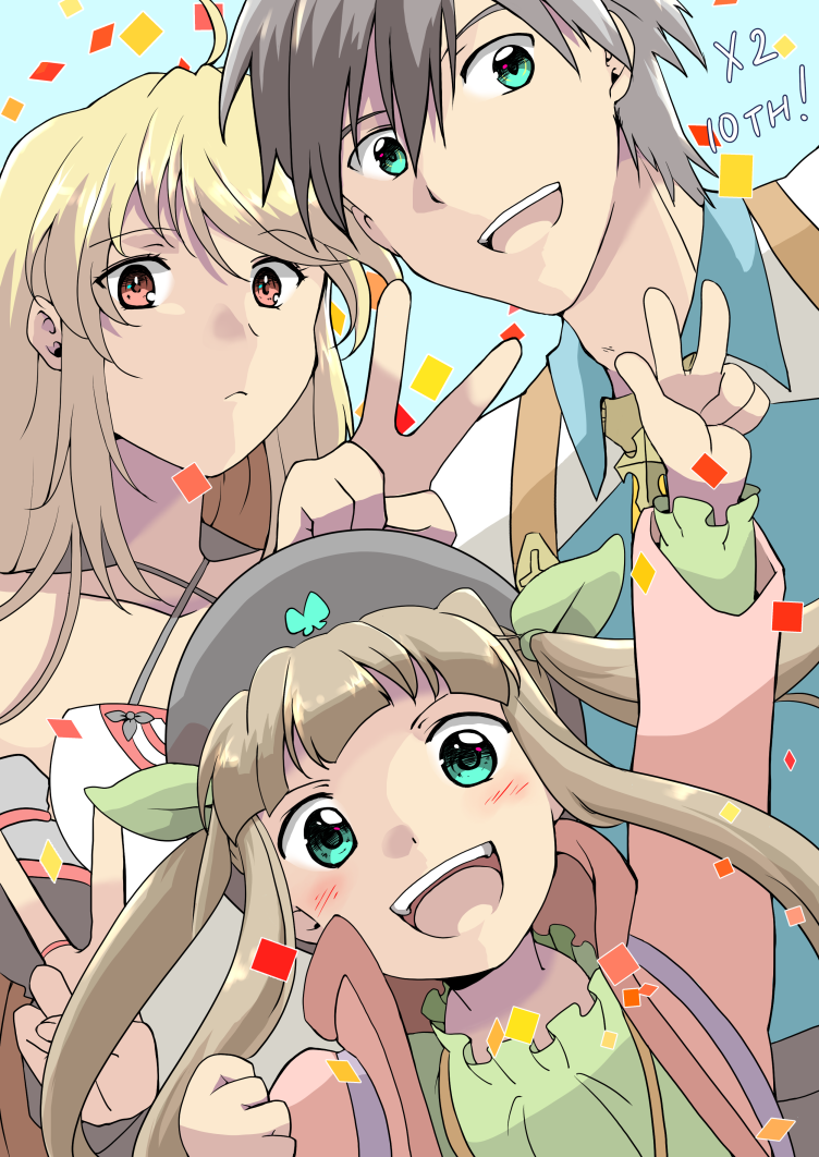 1boy 2girls :&lt; ahoge anniversary arm_up backpack bag black_hair blonde_hair blue_background blunt_bangs blush child confetti dragontail elle_mel_martha facing_viewer family green_eyes grey_hair hair_between_eyes happy hat jewelry light_brown_hair long_hair looking_at_viewer ludger_will_kresnik milla_maxwell_(tox2) multicolored_hair multiple_girls open_mouth red_eyes ring short_hair smile tales_of_(series) tales_of_xillia tales_of_xillia_2 twintails two-tone_hair upper_body v