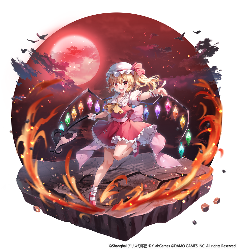 1girl ascot blonde_hair faux_figurine fire flandre_scarlet frilled_skirt frilled_sleeves frills gin_(gin937) laevatein_(touhou) moon puffy_short_sleeves puffy_sleeves red_footwear red_moon red_ribbon red_skirt red_sky red_vest ribbon shirt short_sleeves skirt sky solo standing standing_on_one_leg touhou touhou_arcadia_record vest white_headwear white_shirt yellow_ascot