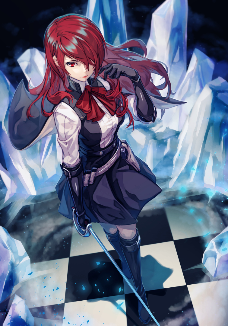 1girl black_footwear black_gloves boots elbow_gloves from_above gloves hair_over_one_eye holding holding_weapon ice kirijou_mitsuru long_hair online_neet persona persona_3 red_eyes redhead solo weapon