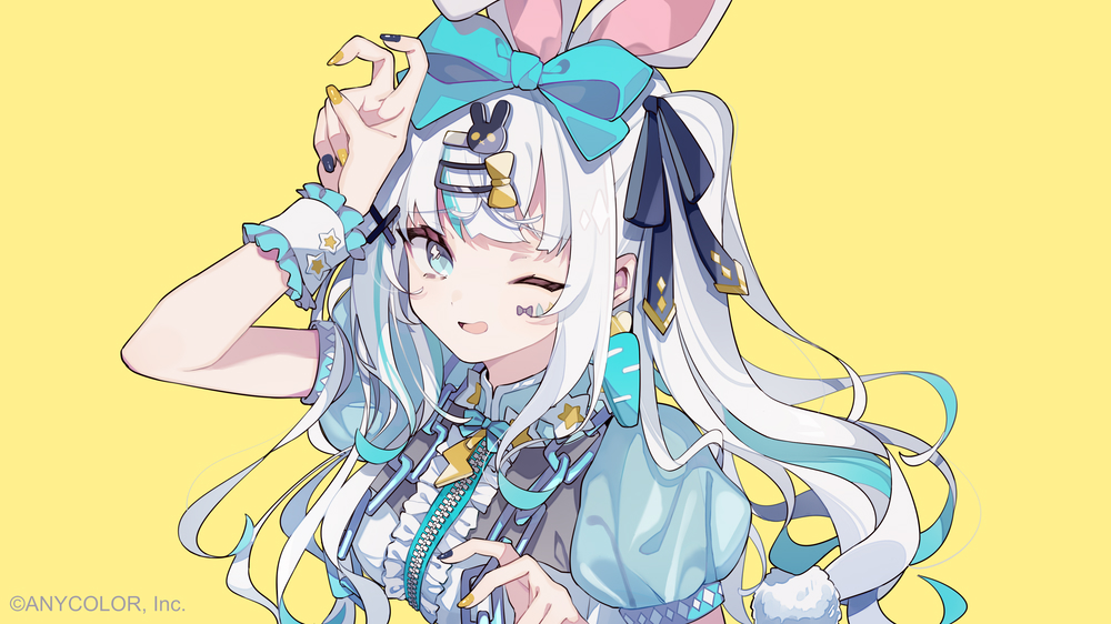 1girl animal_ears arm_up ars_almal black_nails blue_bow blue_eyes blue_hair bow captain_yue center_frills chain frills grey_hair hair_bow hair_ornament hairclip lightning_bolt_symbol long_hair looking_at_viewer multicolored_hair multicolored_nails nail_polish nijisanji official_art one_eye_closed open_mouth puffy_short_sleeves puffy_sleeves rabbit_ears rabbit_hair_ornament rabbit_tail shirt short_sleeves simple_background solo star_(symbol) tail two-tone_hair upper_body very_long_hair virtual_youtuber white_shirt yellow_background yellow_bow yellow_nails