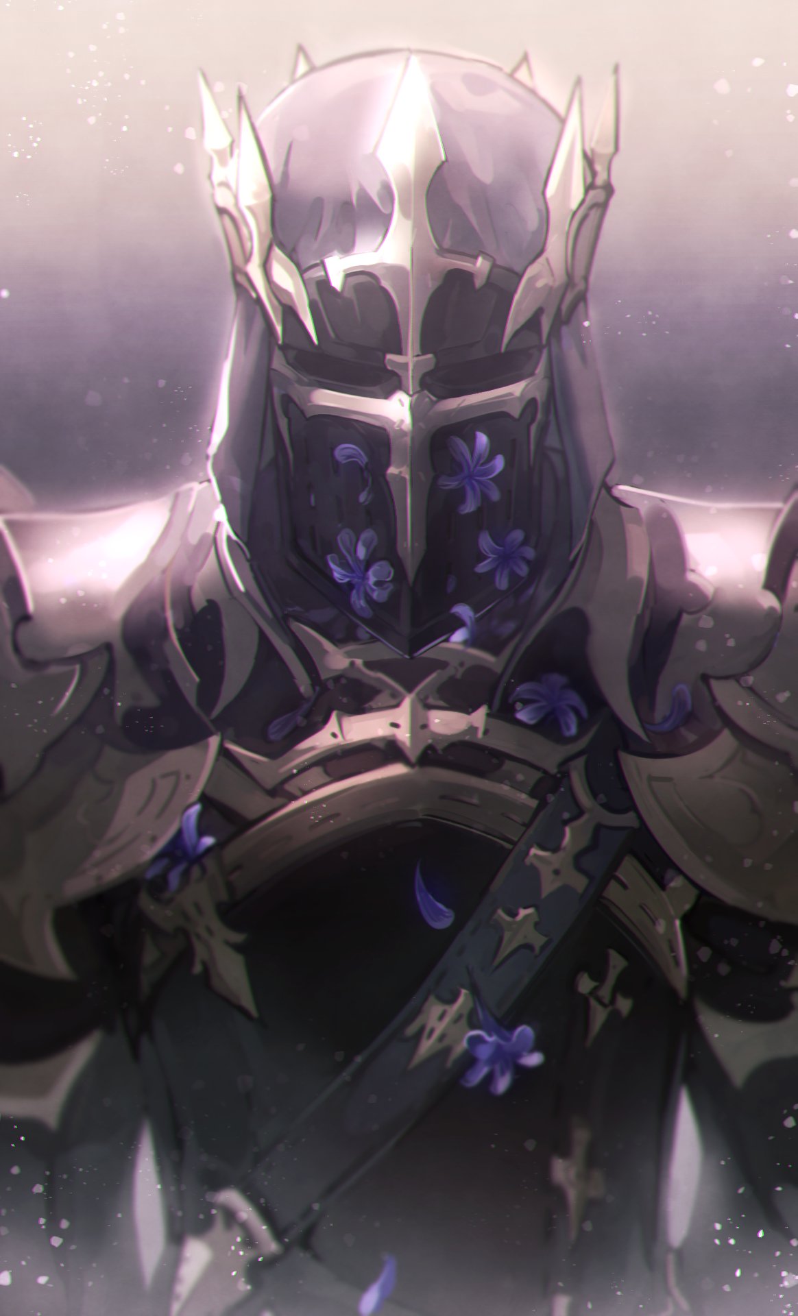 1other ambiguous_gender armor covered_face dark_knight_(final_fantasy) facing_viewer falling_petals final_fantasy final_fantasy_xiv flower fray_myste full_armor grey_background helm helmet highres lenmeu other_focus pauldrons petals purple_flower shoulder_armor shoulder_belt solo straight-on upper_body