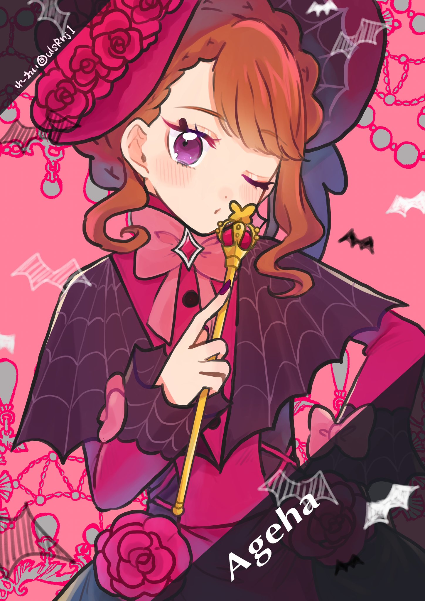 1girl alternate_hairstyle artist_name asymmetrical_bangs bat_(animal) black_capelet bow bowtie braid braided_bangs brooch brown_hair capelet chandelier character_name commentary dress_flower flower frilled_sleeves frills hair_up halloween halloween_costume hand_on_own_hip hat hat_flower head_tilt highres hijiri_ageha hirogaru_sky!_precure holding holding_wand jewelry long_sleeves looking_at_viewer medium_hair one_eye_closed parted_lips pink_bow pink_bowtie pink_headwear precure print_capelet signature solo spider_web_print standing twitter_username ulsrnj1 violet_eyes wand