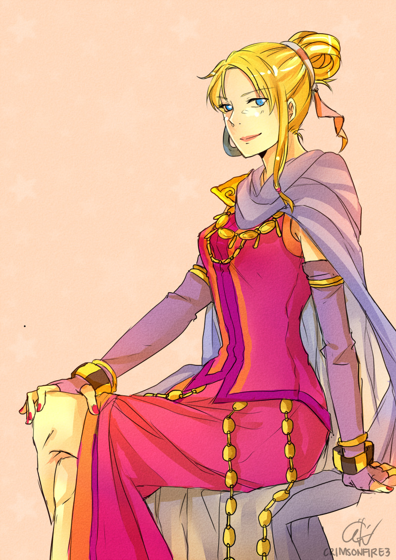 1girl artist_name blonde_hair blue_eyes bracelet calill_(fire_emblem) cape commentary crimsonfire3 crossed_legs earrings elbow_gloves english_commentary fingerless_gloves fire_emblem fire_emblem:_path_of_radiance fire_emblem:_radiant_dawn gloves hair_bun hoop_earrings jewelry lipstick looking_at_viewer makeup orange_background shoulder_pads signature simple_background single_hair_bun sitting solo