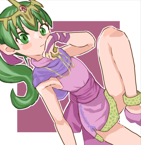 1girl closed_mouth dress fire_emblem fire_emblem:_mystery_of_the_emblem green_eyes green_hair jewelry leg_up long_hair lowres necklace outline pink_dress pink_footwear pink_sash pointy_ears ponytail purple_scarf sash scarf short_dress sicky_(pit-bull) sleeveless sleeveless_dress solo tiara tiki_(fire_emblem) tiki_(young)_(fire_emblem) white_outline