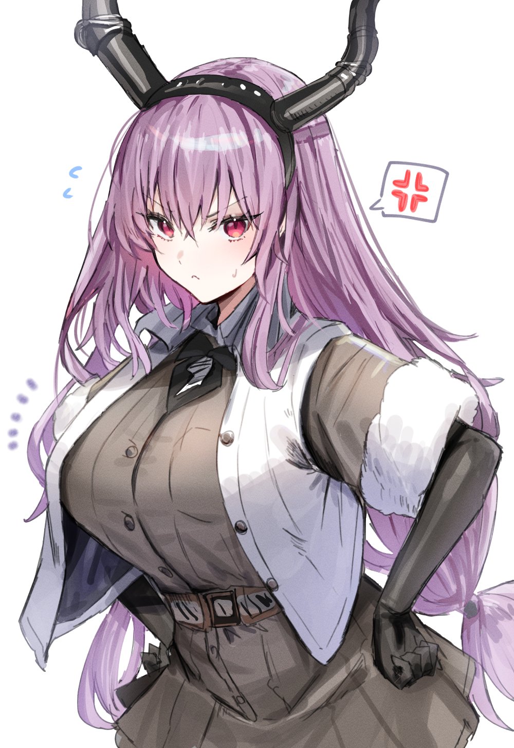 1girl :&lt; anger_vein angry arknights black_gloves black_hairband black_shirt breasts collared_jacket commentary emphasis_lines eyelashes flying_sweatdrops gloves hairband hands_on_own_hips highres horn/wood horns huge_breasts jacket long_hair low-tied_long_hair purple_hair red_eyes shirt sleeveless sleeveless_jacket solo spoken_anger_vein twintails typhon_(arknights) upper_body white_jacket