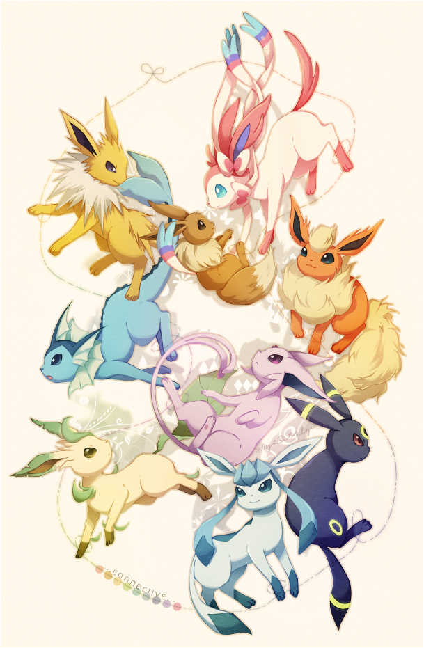 :&lt; :3 blue_eyes brown_eyes closed_mouth commentary_request eevee espeon flareon forehead_jewel glaceon green_eyes grey_background jolteon kotori_(lycka) leafeon looking_at_another looking_to_the_side no_humans open_mouth pokemon pokemon_(creature) rainbow_order red_eyes simple_background smile sylveon umbreon vaporeon violet_eyes white_background