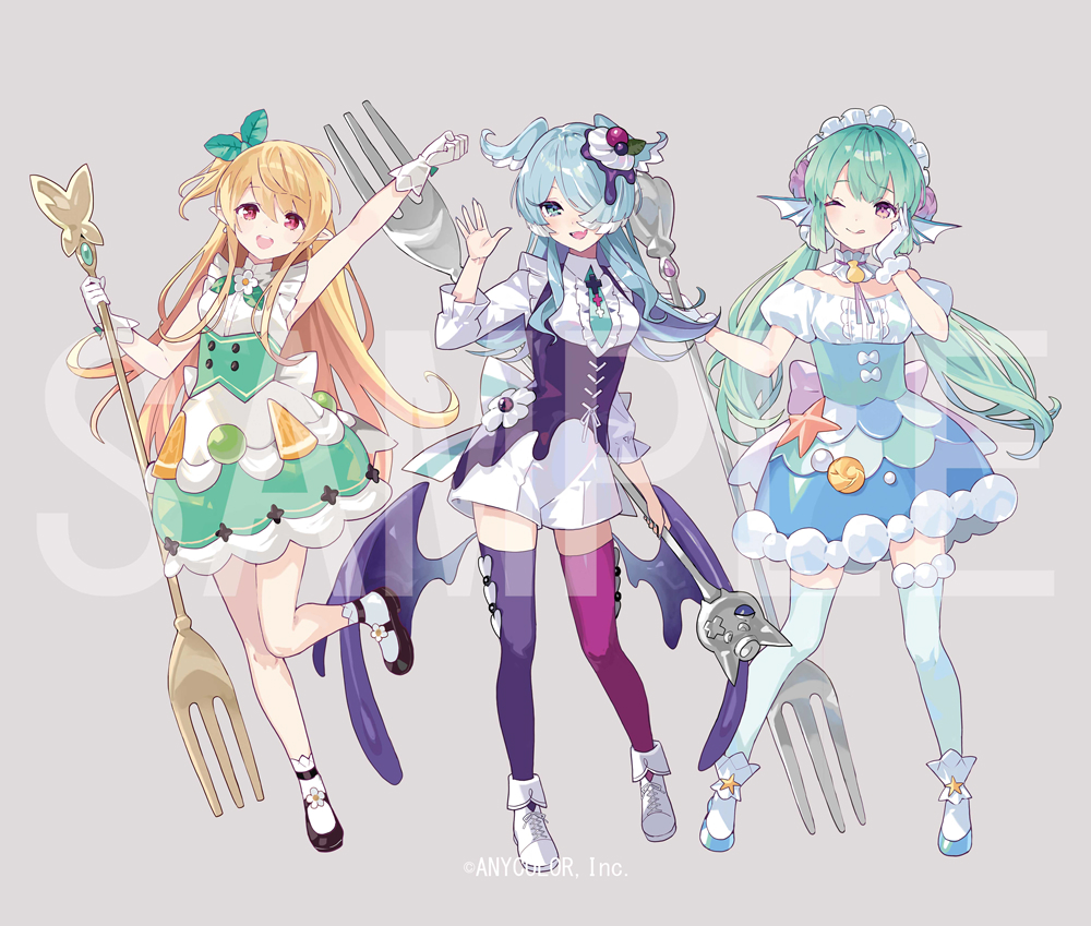 3girls asymmetrical_legwear black_corset black_footwear blonde_hair blue_eyes blue_hair blue_thighhighs corset elira_pendora finana_ryugu fork full_body gloves green_corset green_hair grey_background hair_over_one_eye hand_on_own_cheek hand_on_own_face head_wings holding holding_fork lazulight long_hair low_twintails low_wings mary_janes mismatched_legwear multiple_girls nijisanji nijisanji_en official_art one_eye_closed one_side_up open_mouth pointy_ears pomu_rainpuff puffy_short_sleeves puffy_sleeves red_eyes sample_watermark shoes short_sleeves simple_background smile socks standing standing_on_one_leg thigh-highs tobi_(kotetsu) twintails violet_eyes watermark white_footwear white_gloves white_socks wings
