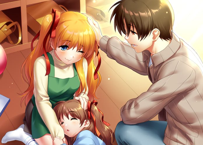 1boy 2girls aged_up aizawa_yuuichi blue_eyes blush brown_hair brown_sweater child closed_eyes closed_mouth commentary_request commission couple father_and_daughter hair_ribbon happy headpat hetero if_they_mated indoors kanon kneeling lap_pillow long_hair looking_at_another lower_teeth_only mother_and_daughter multiple_girls no_shoes one_eye_closed open_mouth orange_hair profile red_ribbon ribbed_sweater ribbon sawatari_makoto shirt short_hair sidelighting sitting skeb_commission sleeping smile socks sweater teeth two_side_up very_long_hair wariza wavy_hair white_socks yellow_shirt zen_(kamuro)