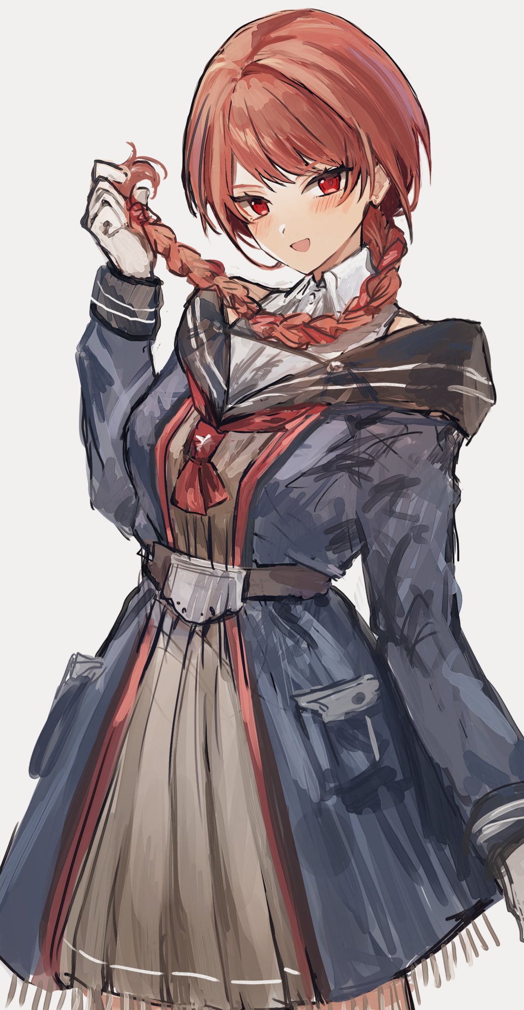 1girl blue_coat blush braid coat dress gloves grey_background highres holding holding_hair kantai_collection long_hair long_sleeves looking_at_viewer nataro_1116 neckerchief nevada_(kancolle) open_mouth red_eyes red_neckerchief redhead simple_background single_braid solo white_gloves