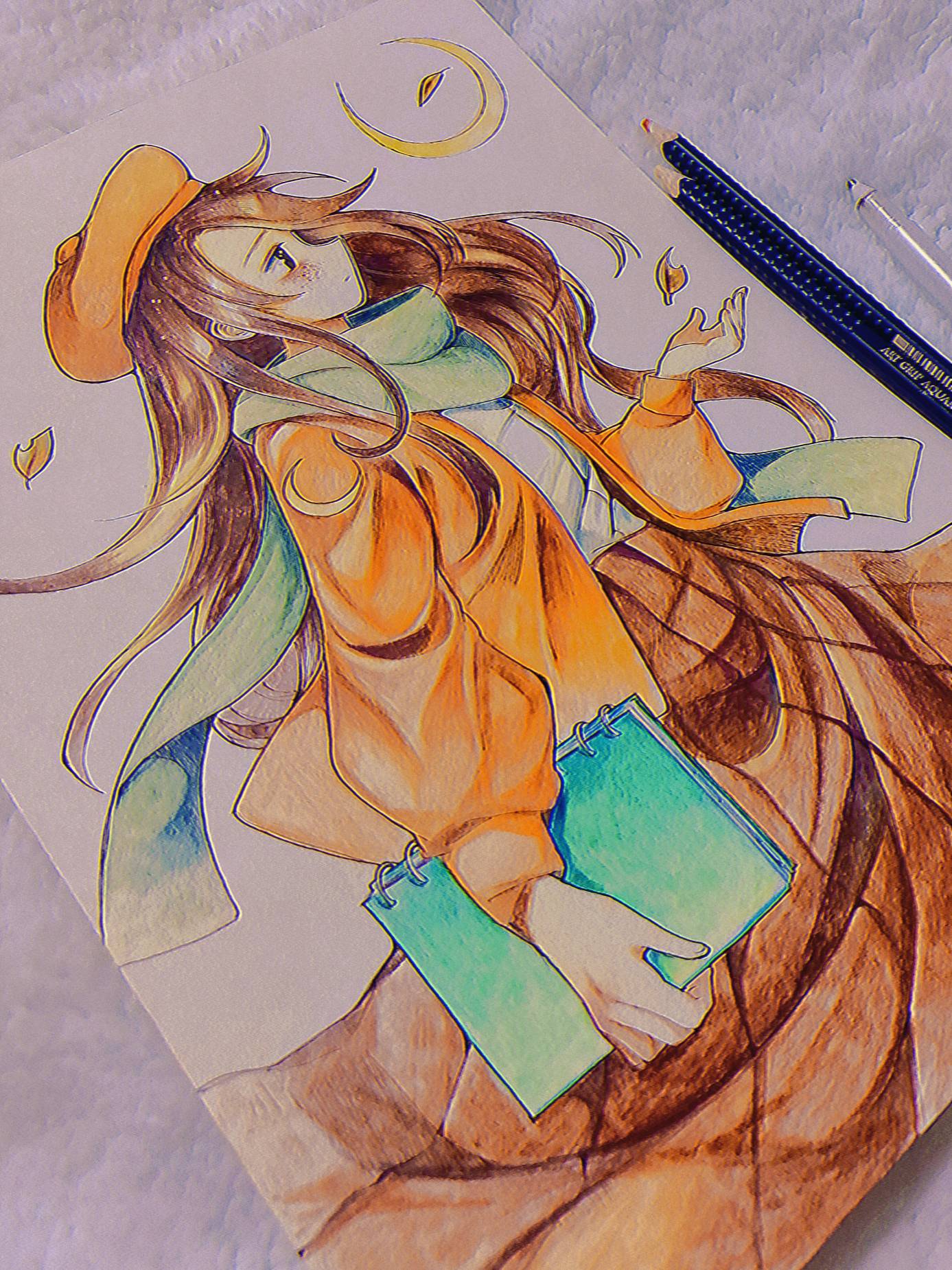 1girl art_tools_in_frame autumn_leaves beret black_eyes brown_hair brown_skirt closed_mouth colored_pencil_(medium) commentary crescent_moon dutch_angle english_commentary falling_leaves freckles from_side green_scarf hat highres holding holding_sketchbook hoshi-pan inktober jacket leaf light_frown long_hair long_skirt long_sleeves moon open_clothes open_jacket orange_headwear orange_jacket original outstretched_hand photo_(medium) puffy_long_sleeves puffy_sleeves scarf shirt sketchbook skirt traditional_media white_shirt