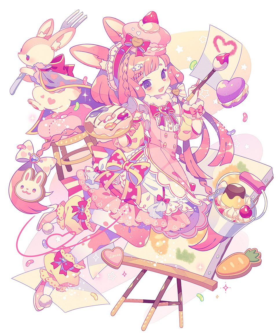 1girl animal_ear_fluff blunt_bangs blunt_ends bow bow_legwear bowtie braid bucket buttons candy_hair_ornament cape carrot center_frills cherry collar colored_eyelashes commentary_request cookie dessert detached_sleeves doughnut dress easel fang food food-themed_hair_ornament fork french_braid frilled_dress frilled_hairband frills fruit full_body fur_collar hair_bow hair_ornament hairband hat hat_bow hat_ornament heart heart_button heart_hair_ornament heart_hat_ornament heart_print high_heels holding holding_food holding_fork holding_paintbrush lace-trimmed_legwear lace_trim layered_dress light_blush lolita_fashion lolita_hairband long_hair looking_at_viewer low_twin_braids macaron macaron_hair_ornament original paintbrush pantyhose paper petticoat pink_bow pink_bowtie pink_dress pink_footwear pink_hair pink_hairband pink_pantyhose pom_pom_(clothes) pudding puffy_short_sleeves puffy_sleeves purple_cape rabbit short_sleeves sleeve_bow sleeveless sleeveless_dress smile solo strawberry twin_braids two-tone_pantyhose violet_eyes waist_bow white_background white_bow white_collar white_dress white_pantyhose white_rabbit_(animal) yellow_leg_warmers yellow_sleeves yumenouchi_chiharu