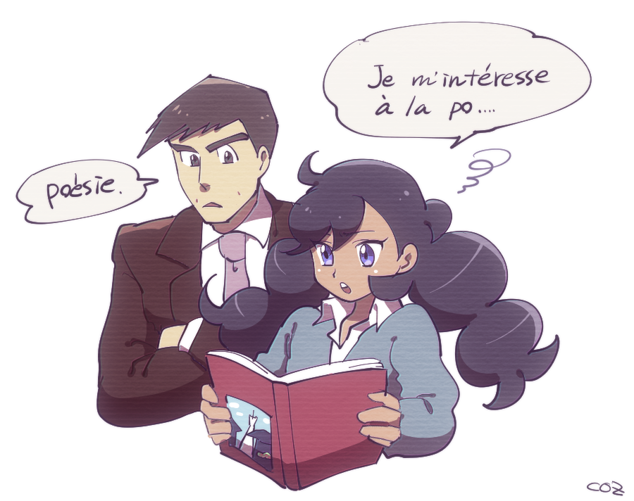 1boy 1girl black_hair blue_eyes book coat collared_shirt commentary_request cozqqq crossed_arms dark-skinned_female dark_skin emma_(pokemon) french_text holding holding_book looker_(pokemon) looking_at_another necktie pokemon pokemon_(game) pokemon_xy reading shirt signature thick_eyebrows translation_request trench_coat