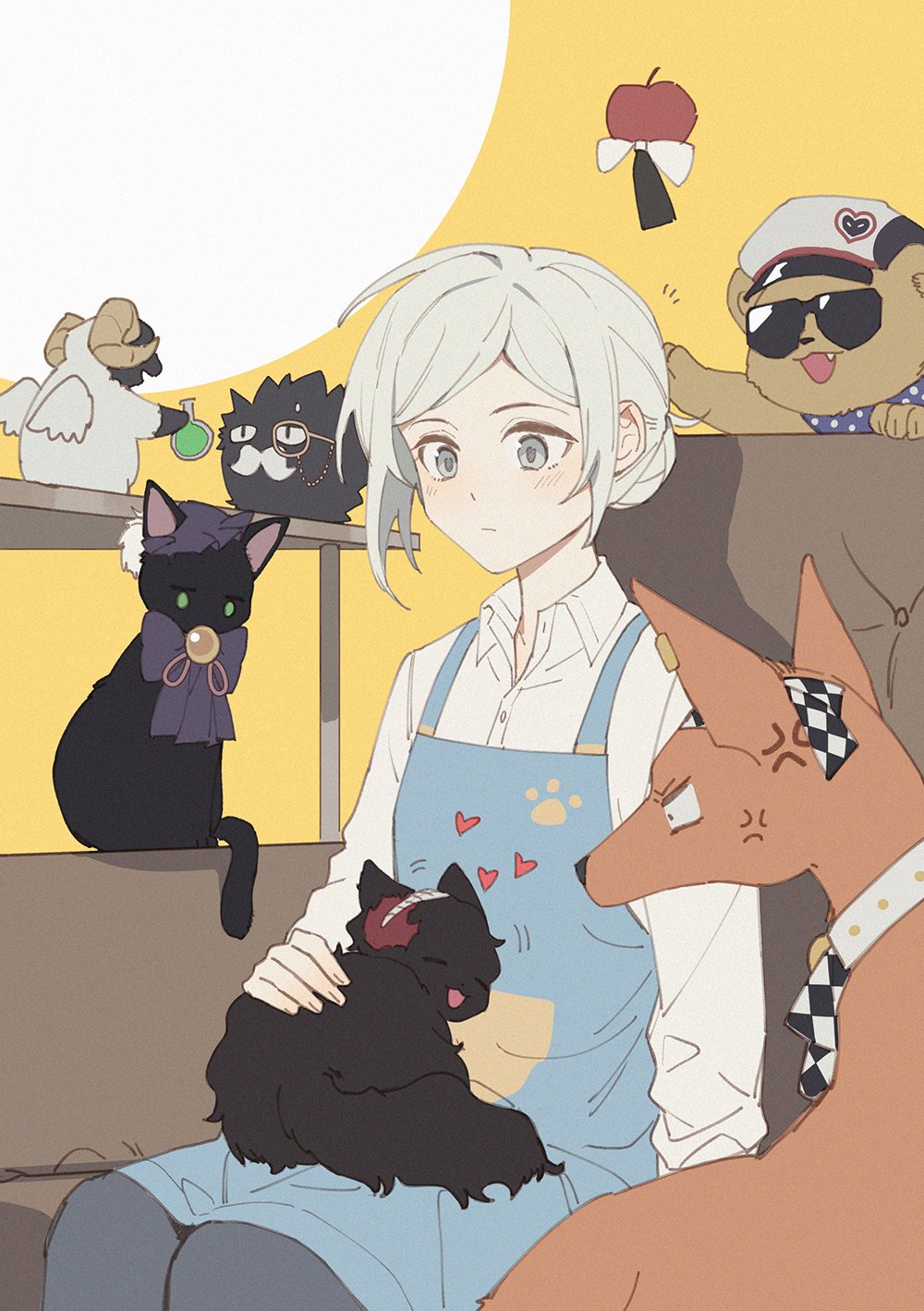 1girl animal_on_lap animalization apple apple_(reverse:1999) apron blue_apron cat cat_on_lap checkered_hairband chinese_commentary closed_mouth collared_shirt commentary_request dog druvis_iii earmuffs food fruit grey_eyes hair_bun heart highres light_blush long_sleeves monocle mr._karson notice_lines on_lap potion purple_headwear regulus_(reverse:1999) reverse:1999 schneider_(reverse:1999) shirt sitting sonetto_(reverse:1999) sotheby sunglasses vertin_(reverse:1999) white_background white_shirt wings xunyu_(manyu) yellow_background