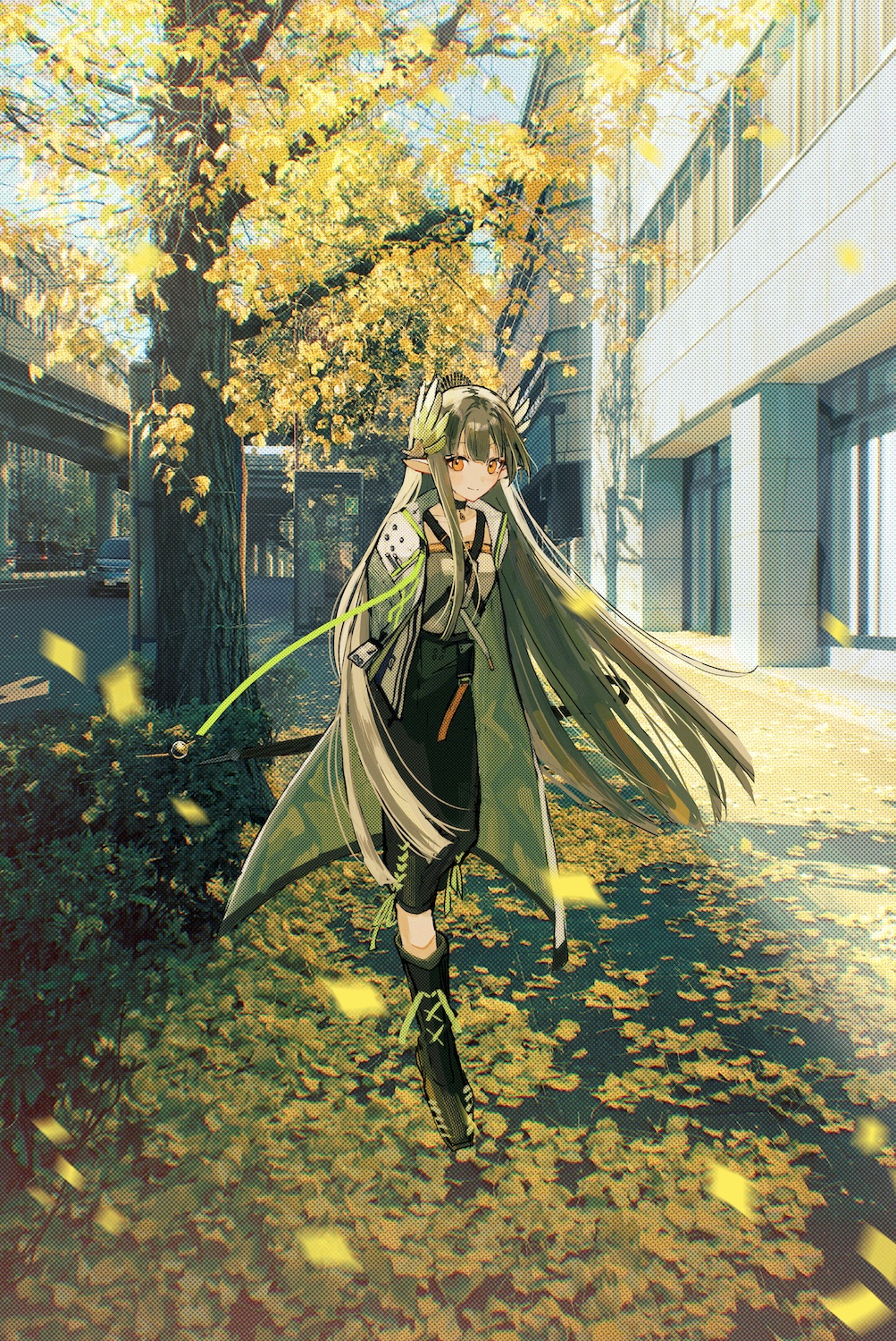 1girl arknights arms_behind_back black_footwear blunt_ends blush boots brown_shirt brown_skirt building car commentary falling_leaves full_body high-waist_skirt highres id_card laurel_crown leaf leaning_forward light_brown_hair long_hair looking_at_viewer matsuoka_(mtok_0) mixed_media motor_vehicle muelsyse_(arknights) orange_eyes outdoors photo_background pointy_ears shirt sidelocks skirt smile solo tree window