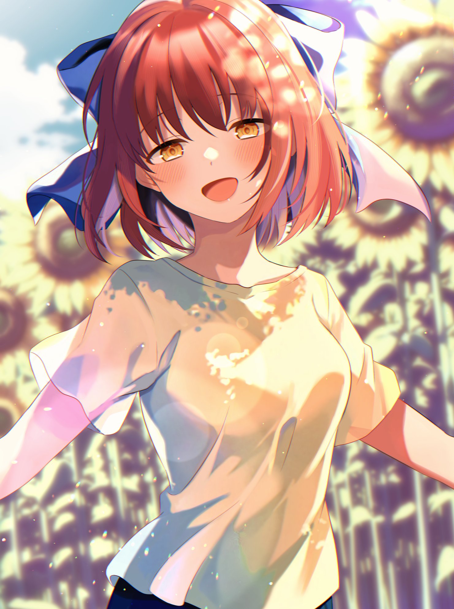 1girl blue_bow blue_sky bow clouds commentary_request day field flower flower_field hair_bow highres kohaku_(tsukihime) looking_at_viewer open_mouth outdoors redhead rogobo_(rgb_0127) shirt short_hair short_sleeves sky smile solo sunflower sunlight t-shirt tsukihime white_shirt yellow_eyes yellow_flower