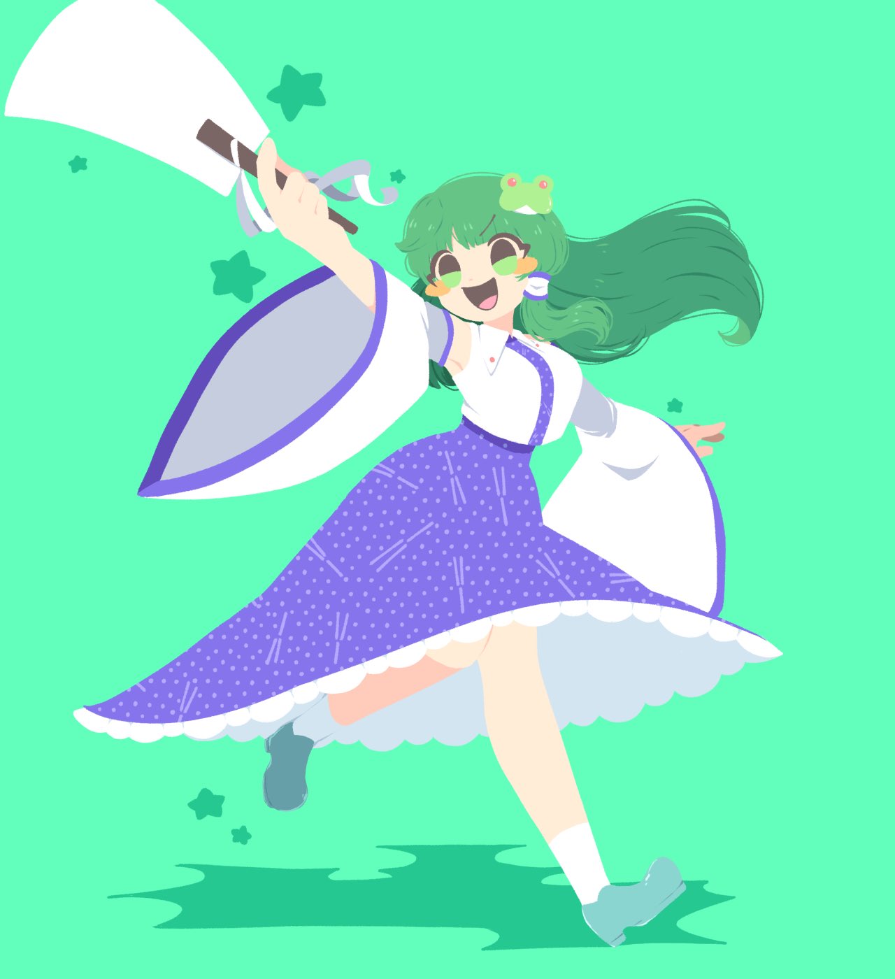 1girl :d blue_skirt blue_trim collared_shirt detached_sleeves frilled_skirt frills frog_hair_ornament full_body gohei green_background green_eyes green_footwear green_hair hair_ornament highres holding holding_gohei kochiya_sanae long_hair long_skirt long_sleeves open_mouth outstretched_arms running shadow shinsei_tomato shirt shoes simple_background single_hair_tube single_sidelock skirt sleeveless sleeveless_shirt smile snake_hair_ornament socks solo star_(symbol) touhou white_shirt white_sleeves white_socks wide_sleeves