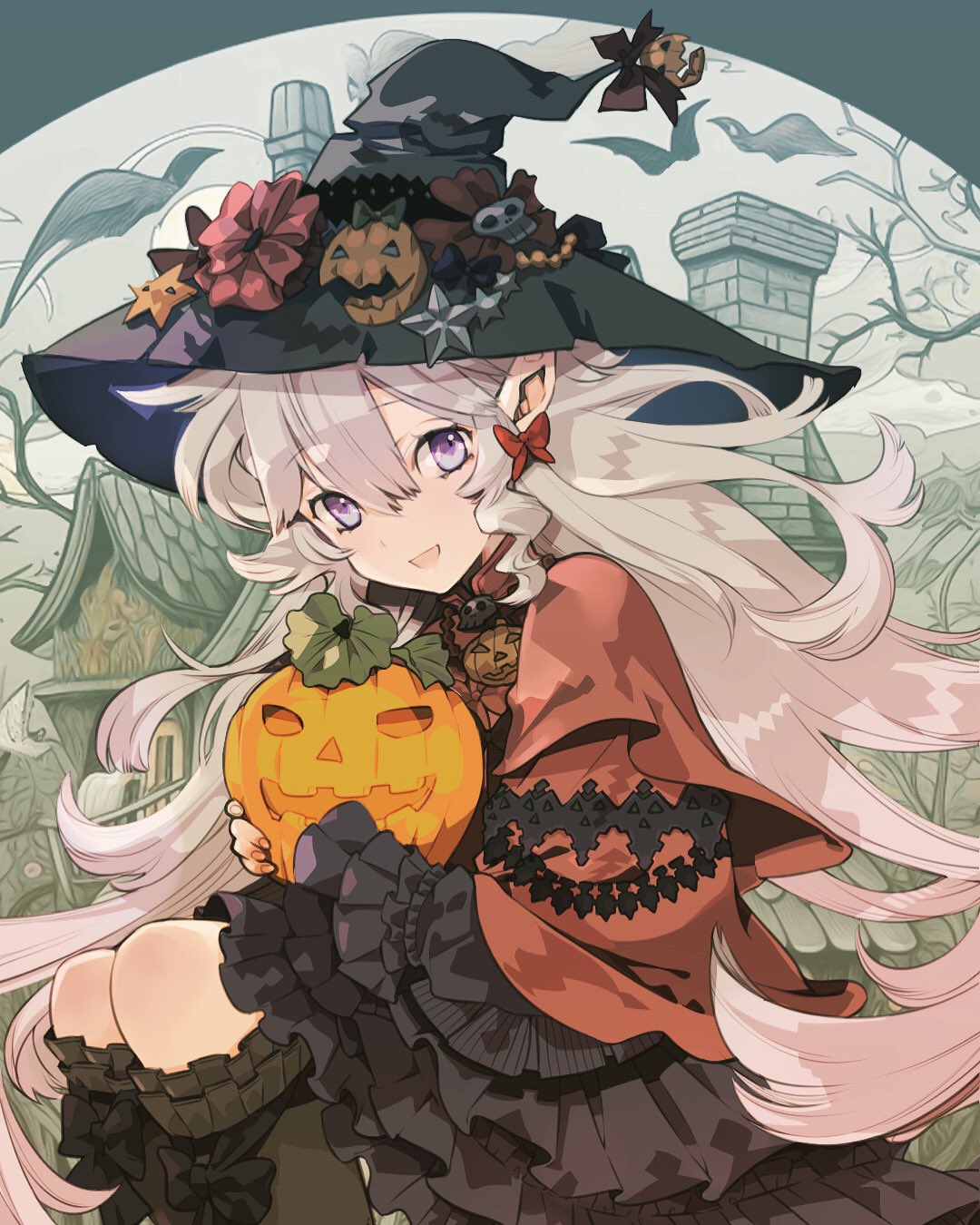 1girl black_dress black_headwear blue_eyes boots building butterfly_earrings capelet commentary dress earrings elf frilled_sleeves frills grey_footwear grey_hair hat hat_ornament highres holding jack-o'-lantern jack-o'-lantern_ornament jewelry layered_dress long_hair long_sleeves looking_at_viewer medium_dress original outdoors pointy_ears red_capelet sitting sleeveless sleeveless_dress solo standing star_(symbol) star_hat_ornament thigh_boots wind witch witch_hat yyuunn