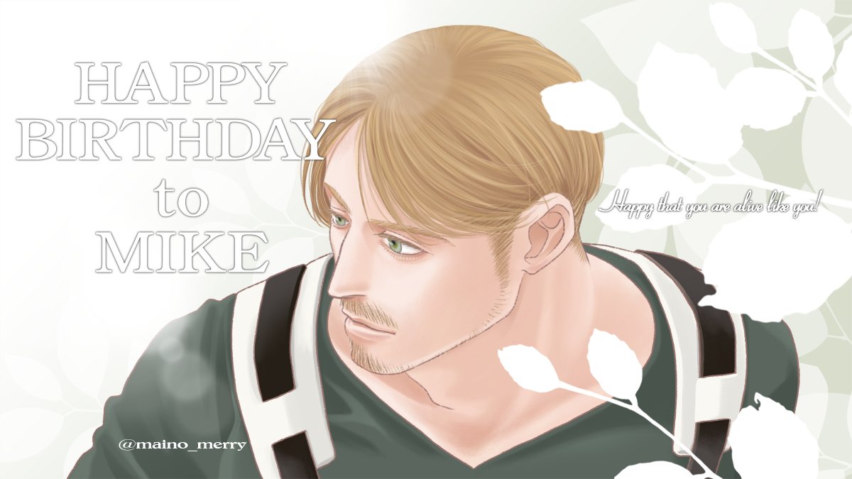 1boy birthday blonde_hair flower from_above goatee_stubble happy_birthday long_sideburns looking_to_the_side maino_merry male_focus mature_male mike_zakarius mustache_stubble parted_lips shingeki_no_kyojin shirt short_hair sideburns sideburns_stubble solo sparse_stubble t-shirt upper_body