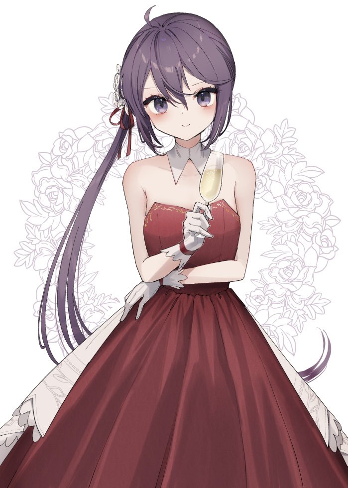 1girl akebono_(kancolle) blush breasts collarbone cowboy_shot cup dress drinking_glass flower hair_flower hair_ornament kantai_collection long_hair purple_hair red_dress side_ponytail small_breasts smile solo very_long_hair violet_eyes white_background wine_glass yamashichi_(mtseven)