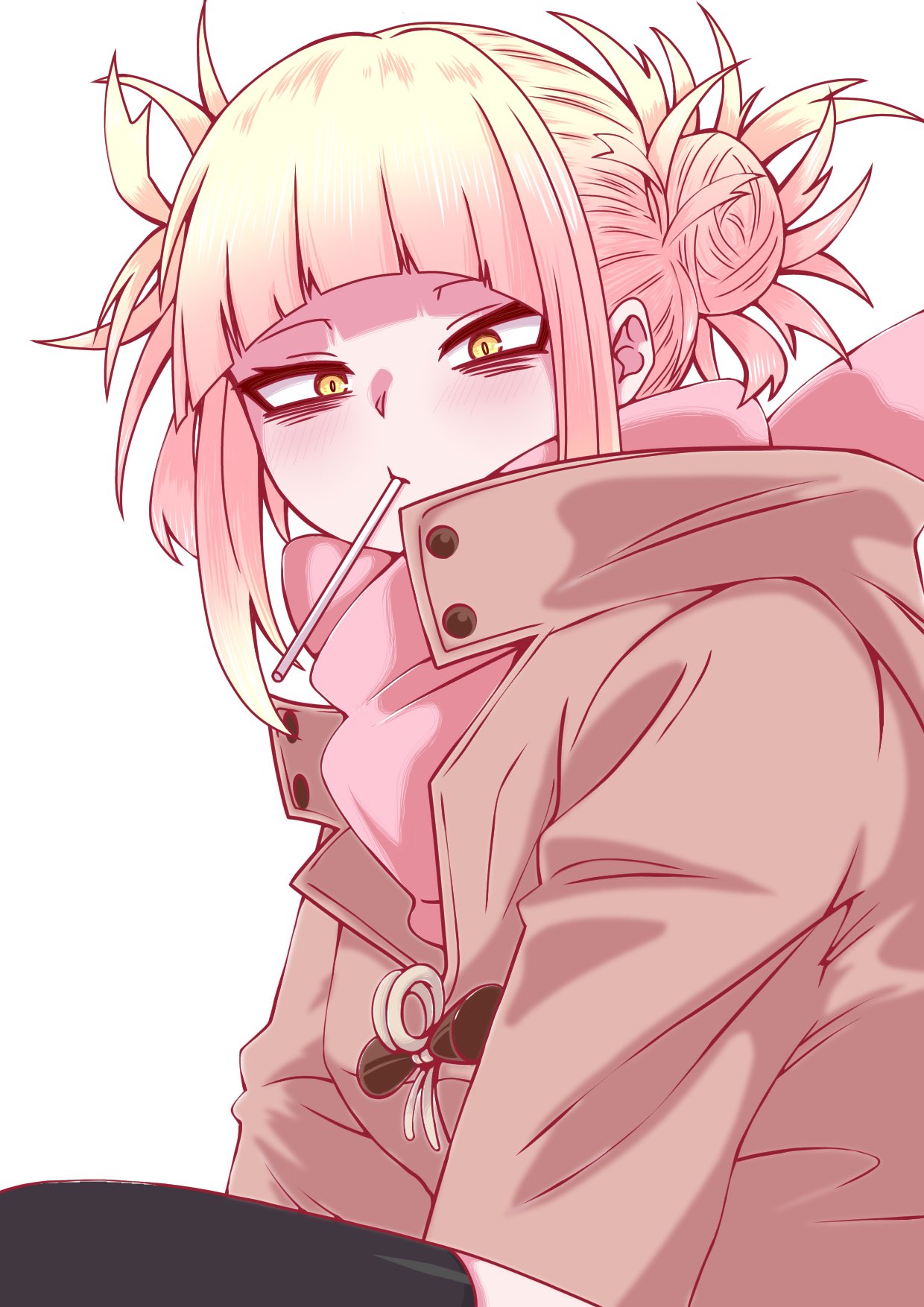 1girl arched_bangs black_thighhighs blonde_hair boku_no_hero_academia brown_coat candy closed_mouth coat double_bun food ginjaeru hair_bun highres lollipop long_sleeves looking_at_viewer messy_hair mouth_hold pink_scarf scarf short_hair simple_background solo thigh-highs toga_himiko upper_body white_background yellow_eyes