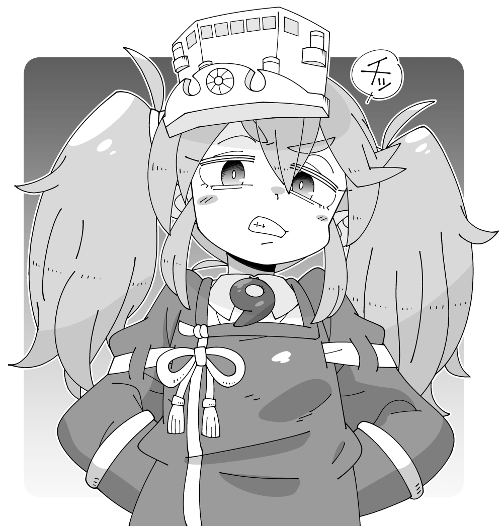 1girl arms_behind_back blush clenched_teeth commentary_request greyscale hair_between_eyes hat japanese_clothes kantai_collection kariginu long_hair long_sleeves looking_at_viewer magatama monochrome ryuujou_(kancolle) shin_(shin_k009) sidelocks simple_background solo tassel teeth twintails upper_body visor_cap