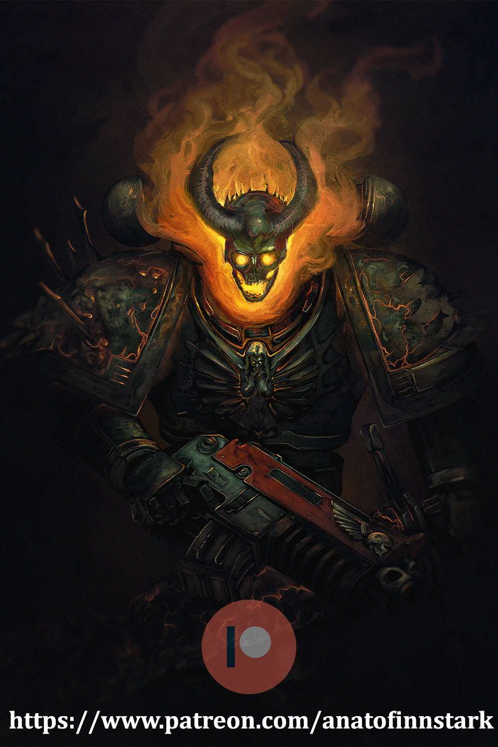 1boy anato_finnstark armor bolter chaos_(warhammer) chaos_space_marine demon_horns fire flaming_head flaming_skull gauntlets gun heresy highres holding holding_weapon horns imperium_of_man looking_at_viewer patreon_logo patreon_username pauldrons power_armor shoulder_armor skull solo spiked_armor warhammer_40k weapon web_address