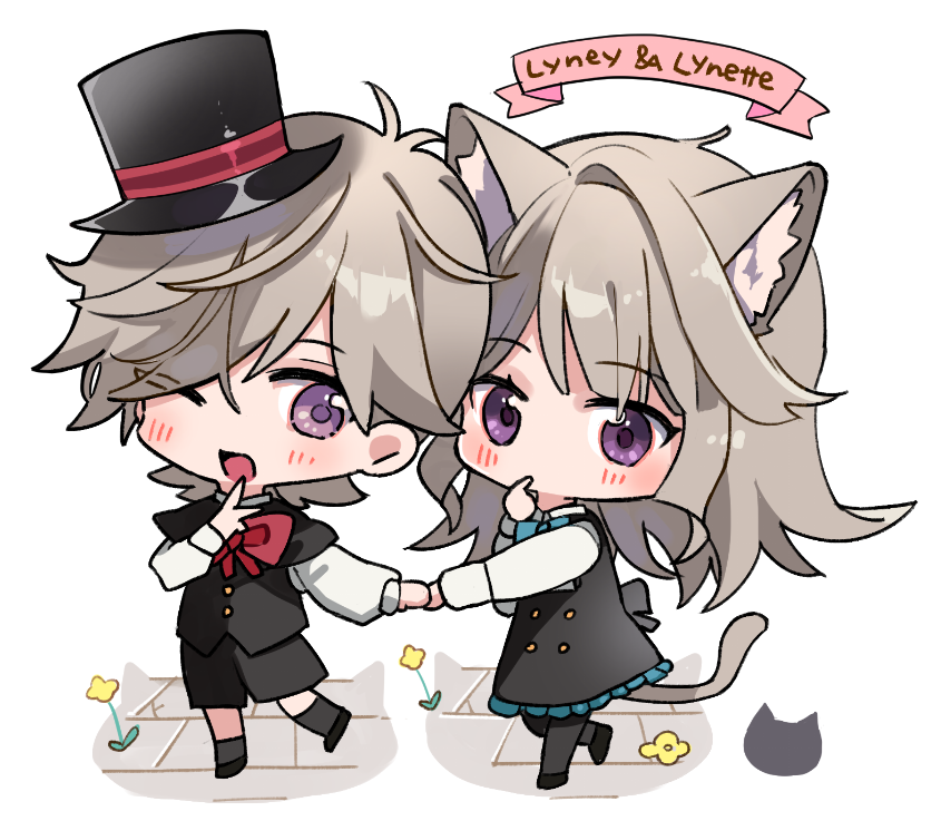 1boy 1girl ;d aged_down animal_ear_fluff animal_ears aqua_bow aqua_bowtie black_capelet black_dress black_footwear black_headwear black_pantyhose black_shorts black_vest blush boots bow bowtie brother_and_sister buttons capelet cat_ears cat_girl cat_tail character_name chibi commentary_request dress eyes_visible_through_hair finger_to_mouth flower frilled_dress frills full_body genshin_impact grey_hair hair_over_one_eye hand_up hat holding_hands index_finger_raised long_hair long_sleeves looking_at_viewer lynette_(genshin_impact) lyney_(genshin_impact) one_eye_closed open_mouth pantyhose parted_bangs pinafore_dress red_bow red_bowtie satorigame shirt shoes short_hair shorts siblings simple_background sleeveless sleeveless_dress smile swept_bangs tail top_hat vest violet_eyes walking white_background white_shirt yellow_flower