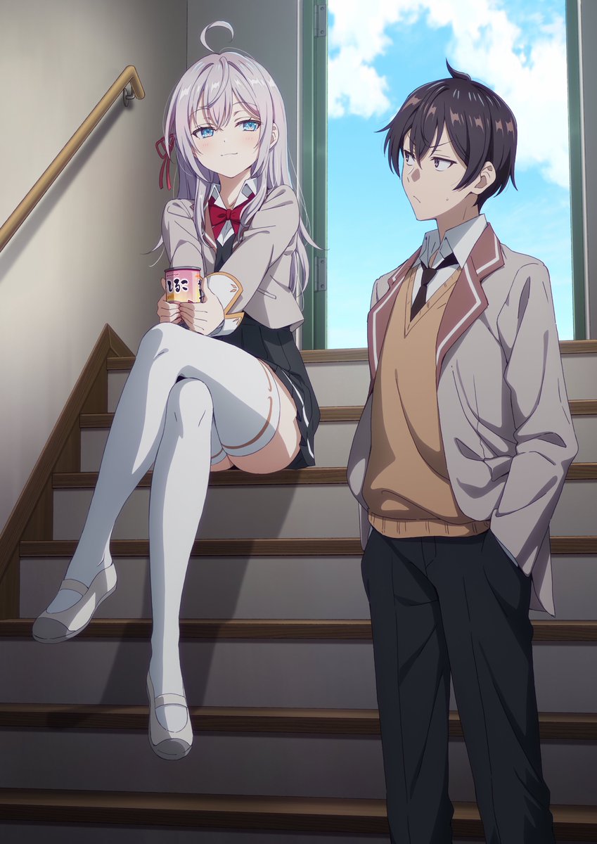 1boy 1girl ahoge alisa_mikhailovna_kujou black_skirt blue_eyes bow bowtie closed_mouth collar collared_shirt commentary_request crossed_legs full_body grey_jacket hair_between_eyes hair_ribbon highres jacket key_visual looking_at_another looking_at_viewer masachika_kuze official_art outdoors promotional_art red_bow red_bowtie red_ribbon ribbon school_uniform shirt sitting sitting_on_stairs skirt smile stairs thigh-highs tokidoki_bosotto_roshia-go_de_dereru_tonari_no_arya-san white_collar white_footwear white_hair white_shirt white_thighhighs