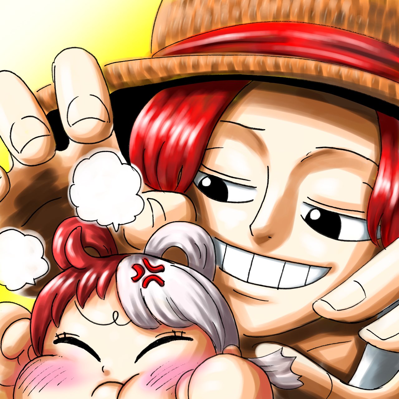 1boy 1girl age_difference aged_down anger_vein black_eyes blush cheek_bulge child closed_eyes commentary_request daichan_op grin hair_rings hat highres long_hair multicolored_hair one_piece one_piece_film:_red redhead shanks_(one_piece) short_hair simple_background smile split-color_hair straw_hat teeth two-tone_hair uta_(one_piece) white_hair yellow_background