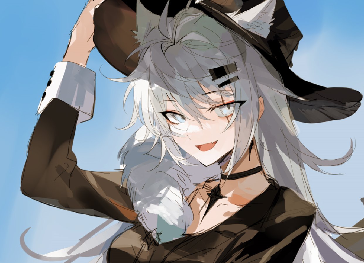 1girl adjusting_clothes adjusting_headwear animal_ear_fluff animal_ears arknights arm_up black_collar black_dress black_headwear blue_background breasts collar dress ears_through_headwear feather_boa grey_eyes grey_hair hair_ornament hairclip hat lappland_(arknights) large_breasts long_hair looking_at_viewer meng_ziya open_mouth scar scar_across_eye simple_background sketch smile solo upper_body wolf_ears wolf_girl