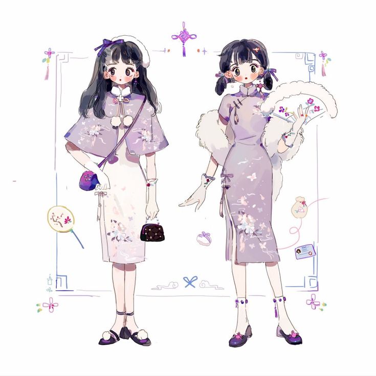 2girls animal_print ankle_socks bag black_bag black_eyes black_hair blunt_bangs blush_stickers bow bowtie brown_eyes butterfly_print capelet card china_dress chinese_clothes collar collared_capelet collared_dress dangle_earrings dress dress_bow earrings eyelashes eyeshadow fashion floral_print flower_knot folding_fan full_body fur_scarf gloves hair_bow hair_ornament hair_ribbon hairclip hand_fan handbag hat high_heels holding holding_bag holding_fan jewelry looking_at_viewer looking_to_the_side low_twintails makeup medium_dress medium_hair mismatched_earrings multiple_girls original parted_lips pink_bow pink_bowtie pom_pom_(clothes) pom_pom_earrings purple_bag purple_bow purple_capelet purple_dress purple_eyeshadow purple_footwear purple_ribbon putong_xiao_gou ribbon scarf short_hair short_twintails shoulder_bag side_slit socks source_request tassel tassel_earrings third-party_source tuanshan twintails waist_tassel white_background white_collar white_dress white_gloves white_headwear white_scarf white_socks