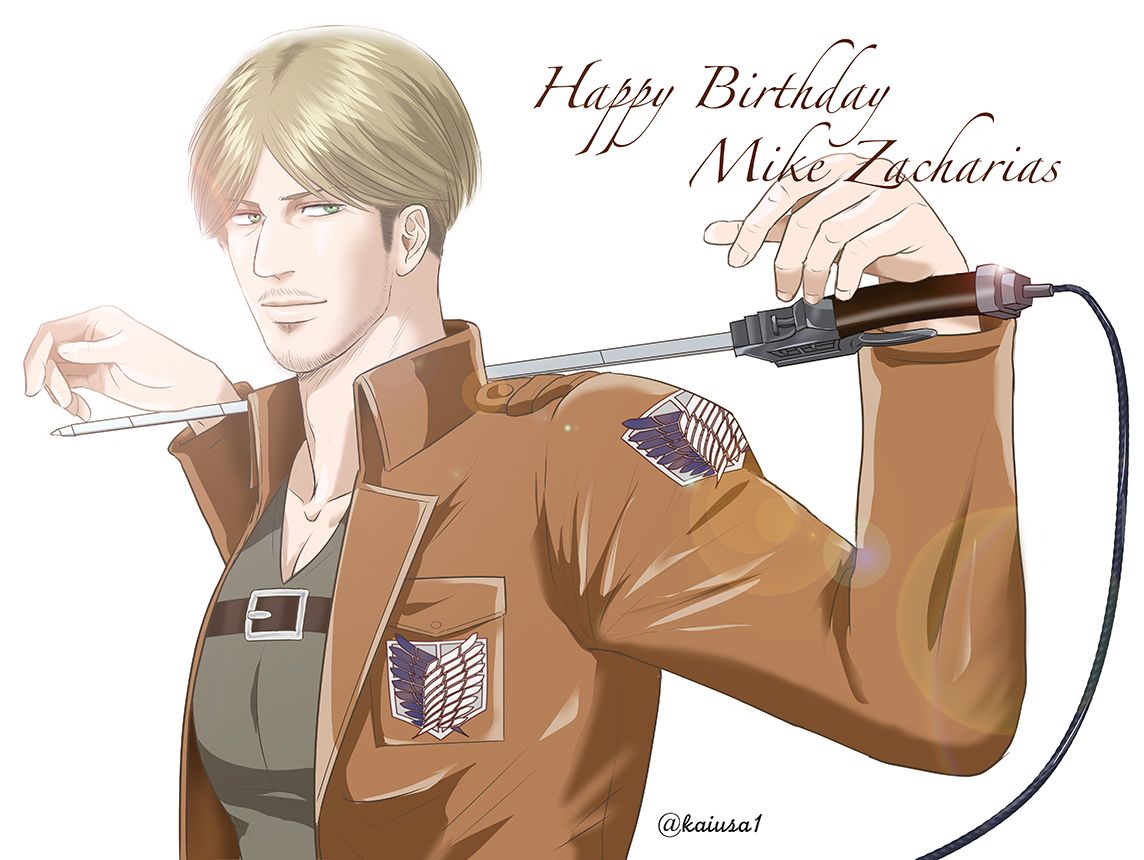 1boy beard_stubble birthday blonde_hair happy_birthday holding holding_behind_neck holding_sword holding_weapon jacket kaiusa1 light_smile looking_at_viewer looking_to_the_side male_focus mature_male mike_zakarius mustache_stubble paradis_military_uniform pectorals shingeki_no_kyojin short_hair sideburns_stubble smile solo sword upper_body weapon