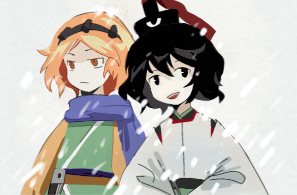 2others black_eyes black_hair black_hairband black_headwear closed_mouth cocopalm commentary detached_sleeves eye_of_senri frown green_kimono hairband hat hat_ribbon japanese_clothes kariginu kimono len'en long_sleeves looking_ahead looking_at_viewer multiple_others open_mouth orange_eyes orange_hair orange_sleeves other_focus purple_scarf red_ribbon ribbon scarf senri_tsurubami short_hair smile snowing teeth upper_body upper_teeth_only white_background white_sleeves zuifeng_tenkai