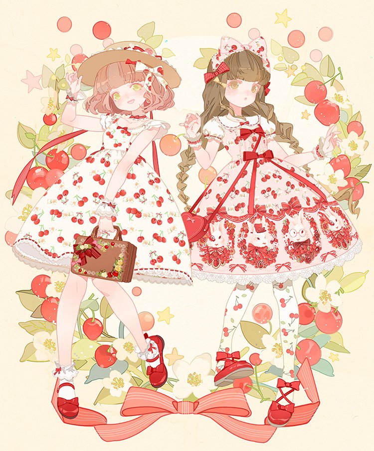 2girls :o animal_print artist_request bag blunt_bangs bow bow_choker bow_print bowtie briefcase brown_eyes brown_hair cherry_print choker collar collared_dress commentary cross-laced_footwear dress dress_bow english_commentary flower food_print footwear_bow frilled_bow frilled_collar frilled_sleeves frilled_wrist_cuffs frills fruit_background full_body green_eyes hair_bow hand_on_headwear hat heart-shaped_bag holding holding_briefcase lace-trimmed_choker lace-trimmed_dress lace-trimmed_headwear lace_trim leaf light_blush light_brown_hair lolita_fashion long_hair looking_at_viewer low_twintails mary_janes multiple_girls multiple_hair_bows nail_polish open_mouth original pantyhose pink_bow pink_dress plaid plaid_bow puffy_short_sleeves puffy_sleeves rabbit_print red_bag red_bow red_bowtie red_choker red_footwear red_nails red_wrist_cuffs ribbon-trimmed_collar ribbon-trimmed_dress ribbon-trimmed_sleeves ribbon_trim second-party_source shirt shoes short_dress short_hair short_sleeves shoulder_bag sleeve_bow smile star_(symbol) striped striped_bow striped_choker sun_hat twintails wavy_hair white_bow white_collar white_dress white_flower white_pantyhose white_shirt white_sleeves wrist_bow yellow_background yellow_headwear