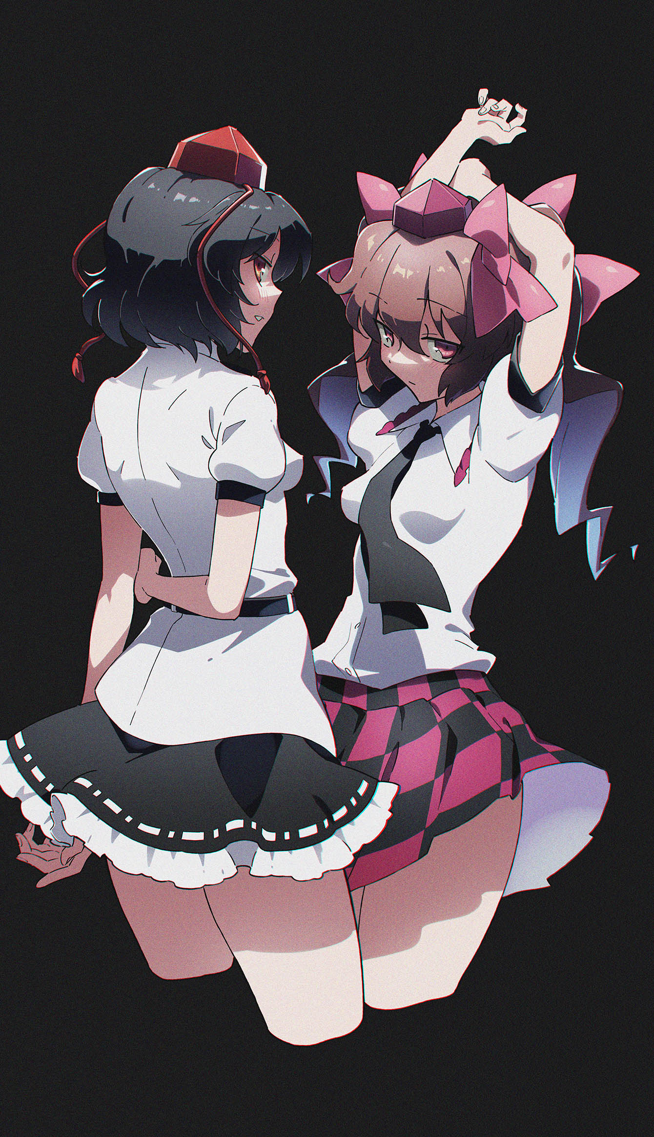 2girls :/ arm_behind_back arms_behind_head bare_legs belt black_background black_belt black_hair black_necktie black_skirt brown_hair checkered_clothes checkered_skirt closed_mouth collared_shirt cropped_legs frilled_shirt_collar frilled_skirt frills futoumeido hair_ribbon hat highres himekaidou_hatate long_hair looking_at_viewer looking_back multiple_girls necktie parted_lips puffy_short_sleeves puffy_sleeves purple_headwear purple_ribbon purple_skirt red_eyes red_headwear ribbon shameimaru_aya shirt short_hair short_sleeves short_twintails simple_background skirt tassel thighs tokin_hat touhou twintails violet_eyes white_shirt
