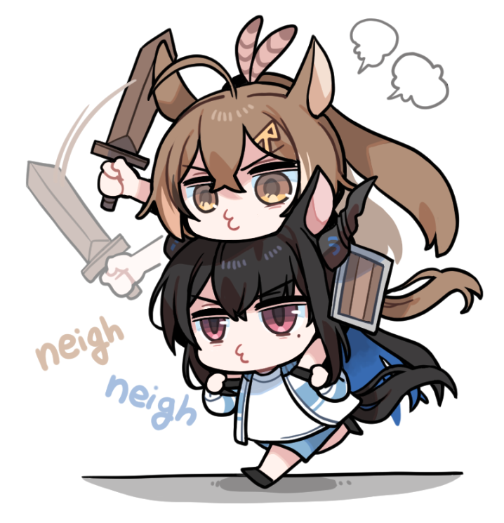 2girls ahoge animal_ears black_hair brown_eyes brown_hair carrying chibi clipe feather_hair gym_uniform hololive hololive_english horns horse_ears horse_tail long_hair mole mole_under_eye multiple_girls nanashi_mumei nerissa_ravencroft o3o ponytail red_eyes shoulder_carry sword tail virtual_youtuber weapon