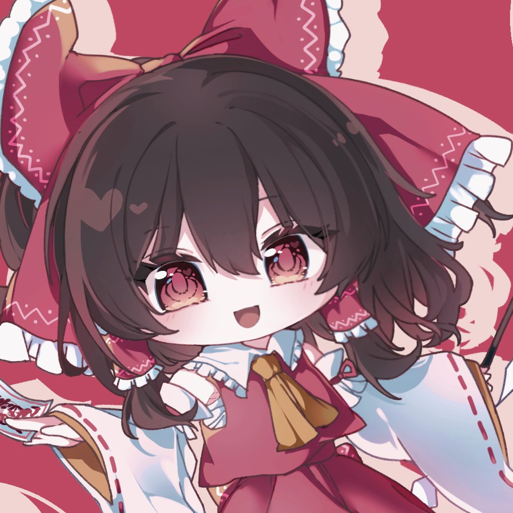 1girl :d ascot bare_shoulders between_fingers bow brown_hair chibi close-up commentary_request detached_sleeves frilled_bow frilled_hair_tubes frilled_ribbon frilled_shirt_collar frilled_skirt frills gohei hair_bow hair_tubes hakurei_reimu hayuk0 holding holding_gohei long_sleeves looking_at_viewer medium_hair ofuda ofuda_between_fingers open_mouth print_bow print_ribbon print_skirt red_background red_bow red_eyes red_ribbon red_shirt red_skirt ribbon sarashi shirt shoes sidelocks simple_background skirt skirt_set smile solo touhou upper_body wide_sleeves yellow_ascot