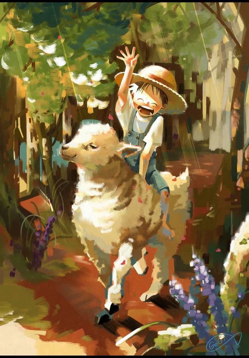 1boy ^_^ archived_source bad_id bad_twitter_id black_hair blue_overalls closed_eyes commentary_request flower forest goat hat highres korean_commentary lamb monkey_d._luffy mulmulgogibbq nature one_piece open_mouth overalls scar scar_on_face sheep shirt short_hair signature sitting_on_animal smile straw_hat t-shirt tree
