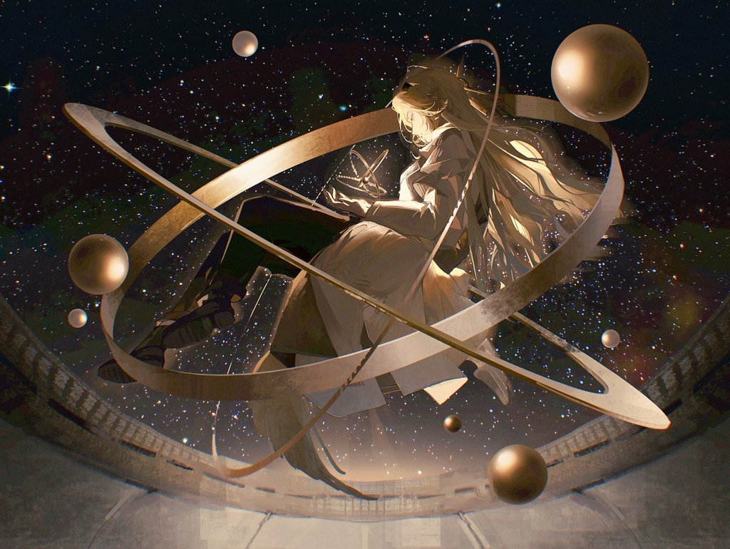 1girl arknights armillary_sphere black_pants blonde_hair chinese_commentary commentary_request from_side full_body hands_up kirsten_(arknights) kojimarie lab_coat light_smile long_hair looking_down night night_sky orbital_path pants planet profile sky solar_system solo star_(sky) starry_sky wavy_hair