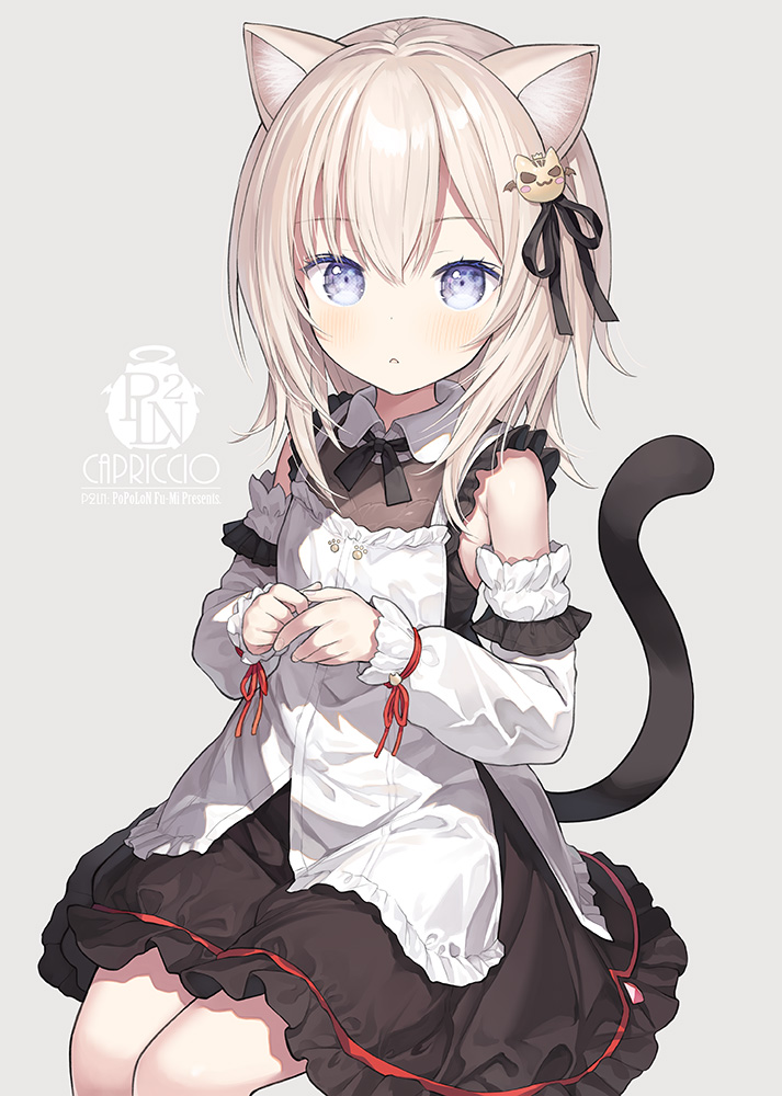 1girl animal_ears apron black_dress black_ribbon blue_eyes blush capriccio cat_ears cat_girl cat_tail commentary_request detached_sleeves dress feet_out_of_frame frilled_apron frilled_dress frills grey_background hair_between_eyes hair_ribbon light_brown_hair long_hair long_sleeves looking_at_viewer original own_hands_together puffy_long_sleeves puffy_sleeves ribbon simple_background sitting sleeves_past_wrists solo tail white_apron white_sleeves