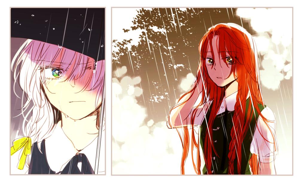 2girls bow closed_mouth collar collared_shirt commentary green_eyes green_vest grey_hair hair_bow holding holding_umbrella hong_meiling izayoi_sakuya light_blush light_frown long_hair multiple_girls open_mouth outdoors rain redhead see-through see-through_sleeves shirt short_sleeves touhou umbrella very_long_hair vest water_drop wet wet_clothes wet_hair yellow_bow yellow_eyes yonu_(yonurime)